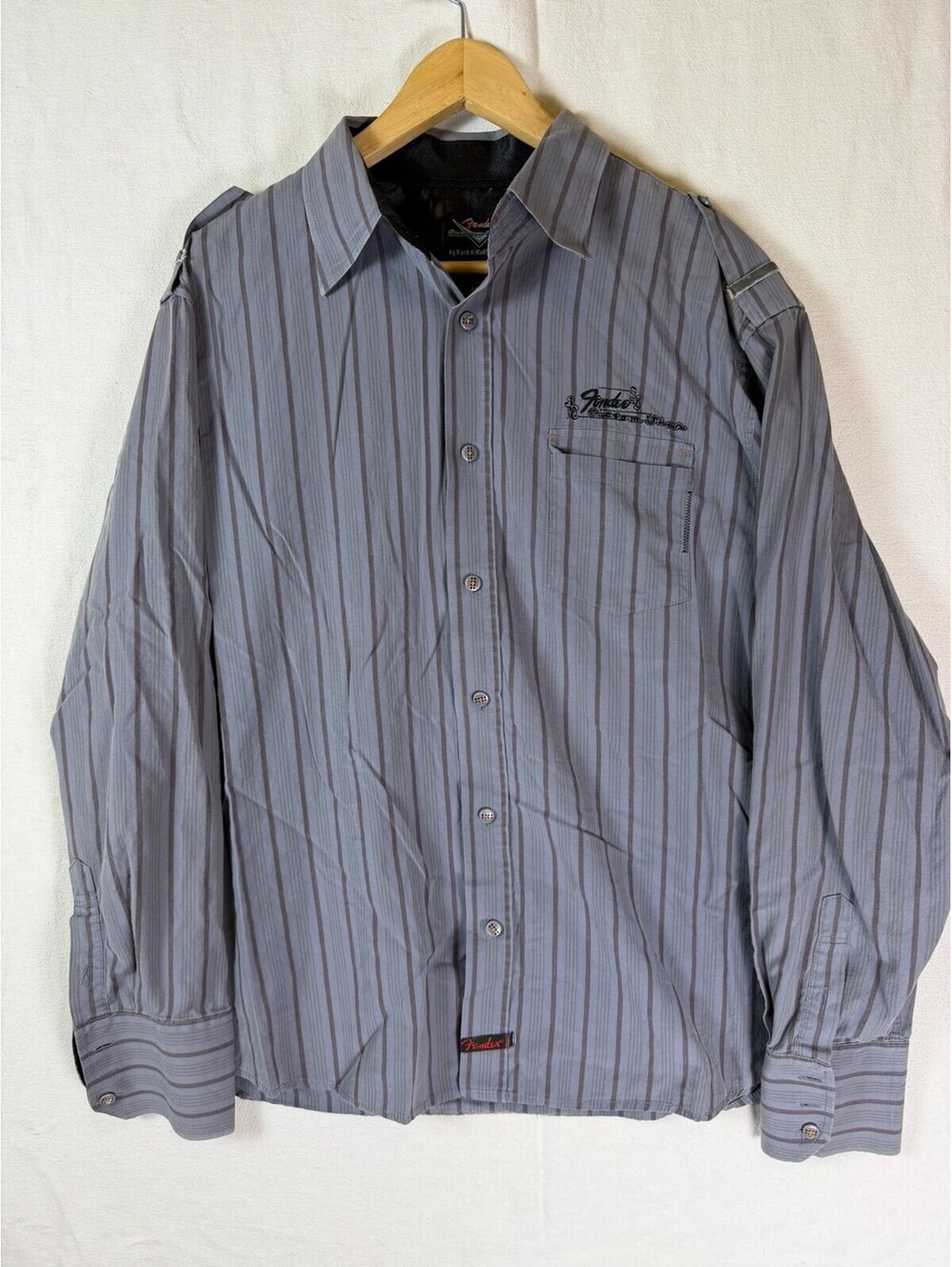 Fender Custom Shop Rock Roll Religion Shirt XL Striped - Embroidered Wings Gray